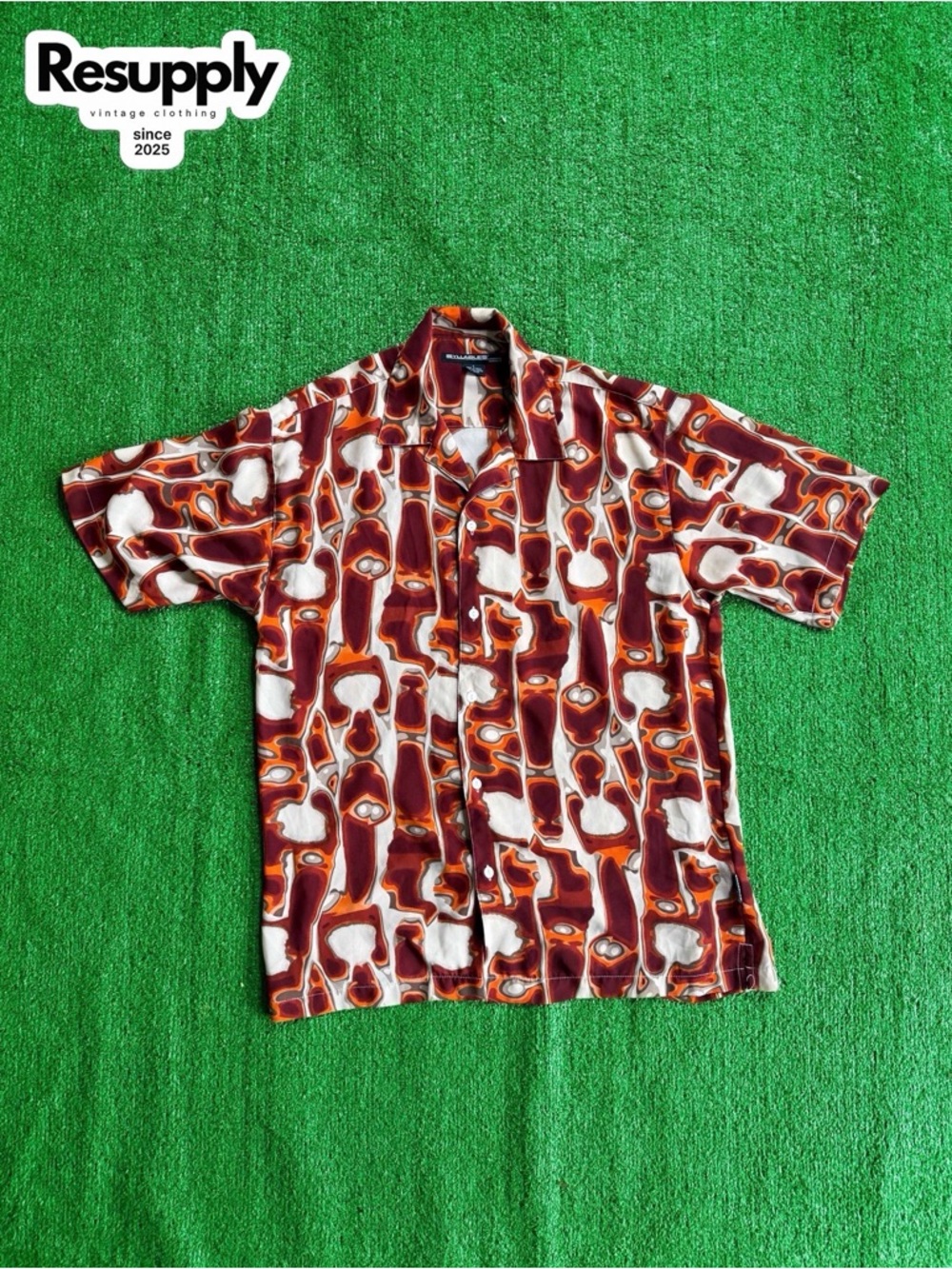 Vintage Men’s Short-Sleeve Button-Up Shirt - Maroon & Cream Pattern